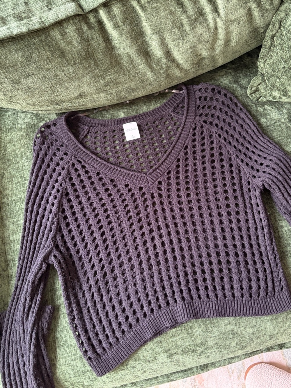 Women's Purple Open-Knit V-Neck Sweater